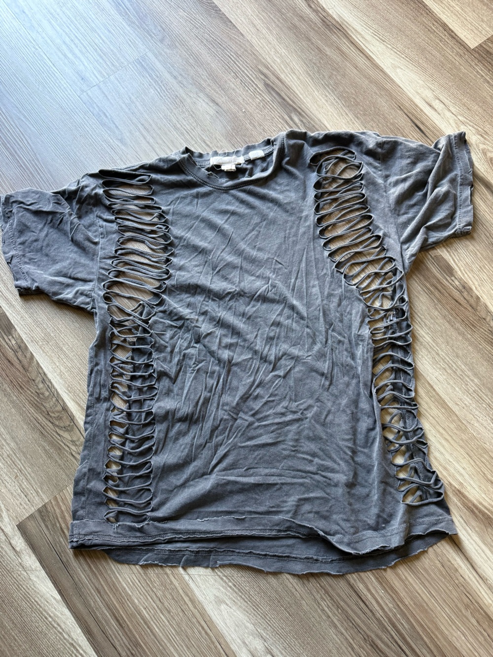 Gilded Intent Women's Distressed Ladder Cut-Out Short Sleeve Top - Charcoal Gray